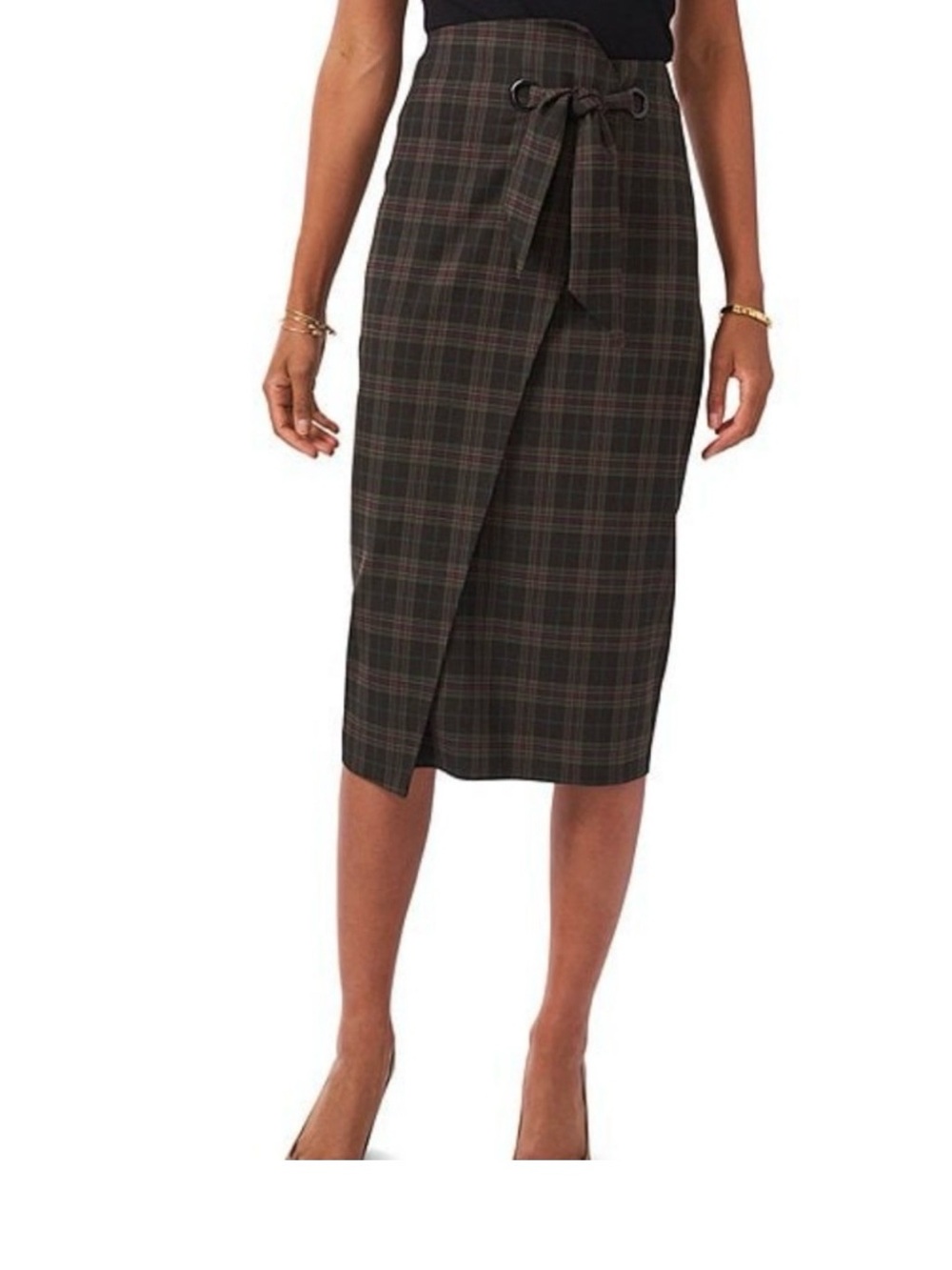 Vince Camuto Green and Purple Plaid Wrap Midi Skirt with Tie